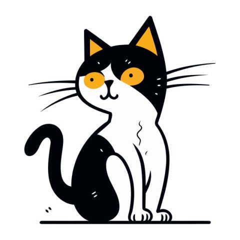 Cute black and white cat with yellow eyes. Vector illustration.