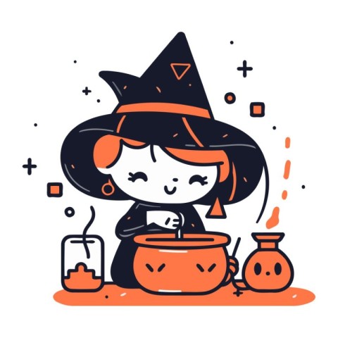 Cute little girl in witch costume with pumpkin. Vector illustrat