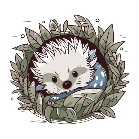 Cute hedgehog in a wreath of leaves. Vector illustration.