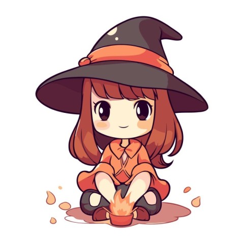 Cute little witch sitting on the ground and holding a candle.