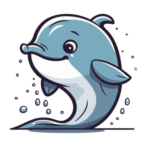 Cute cartoon dolphin with splashes of water. Vector illustration