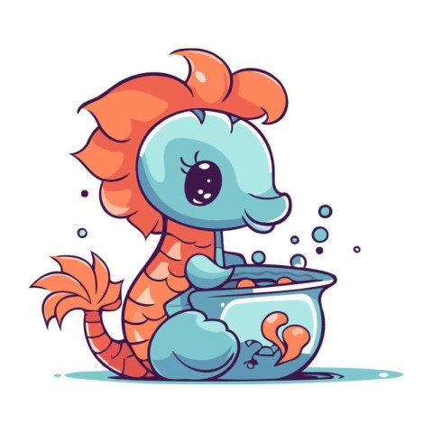 Cute cartoon red haired dragon in a bowl of water.