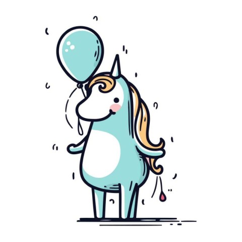 Cute unicorn with balloon. Vector illustration in line art style