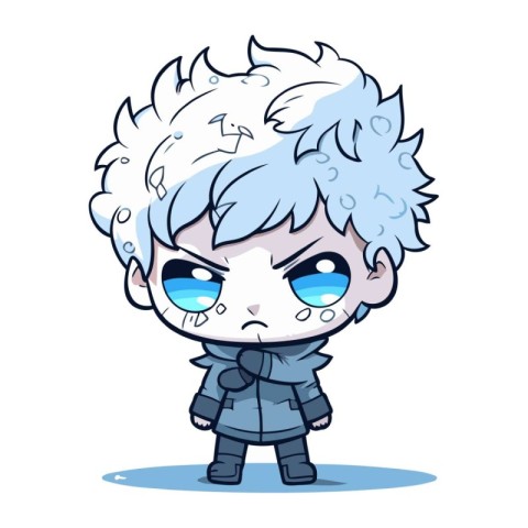 Cute anime boy with blue eyes and blue hair. Vector illustration