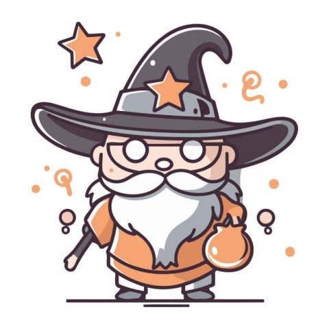 Wizard with magic wand and magic potion. Vector cartoon illustra