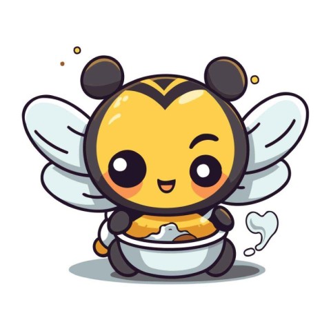 Cute cartoon bee character eating a bowl of food vector illustra