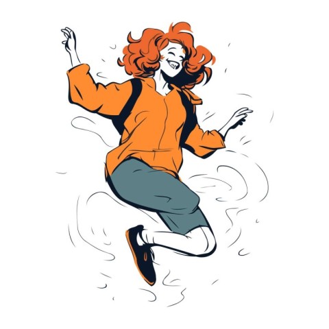 Happy young woman jumping in the air. Vector hand drawn illustra