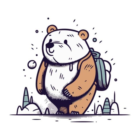 Cute cartoon bear with backpack in the forest. Vector illustrati