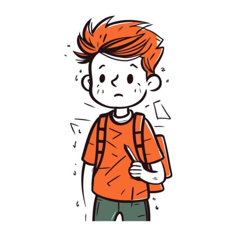 Cartoon illustration of a boy with a bad back to school.