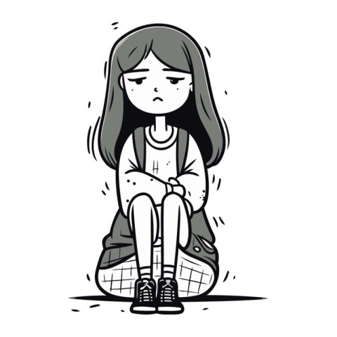 Illustration of a sad girl sitting on a skateboard. vector illus