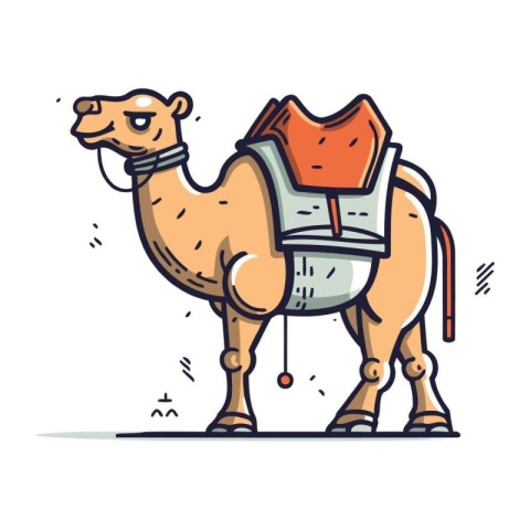 Vector illustration of camel with saddle. Cute hand drawn camel.