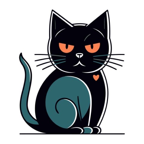 Cute black cat with red eyes. Vector illustration in flat style.