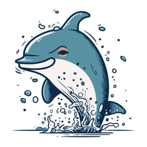 Cute dolphin jumping out of the water. Vector illustration in ca