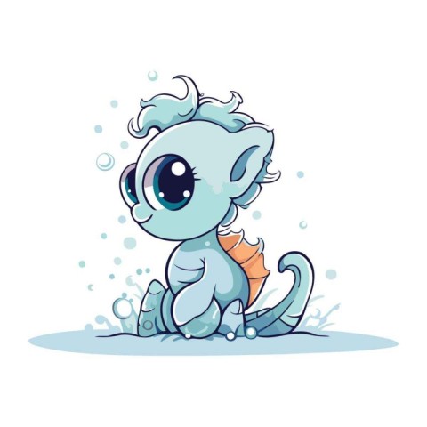 Cute cartoon baby blue sea horse. Vector illustration isolated o