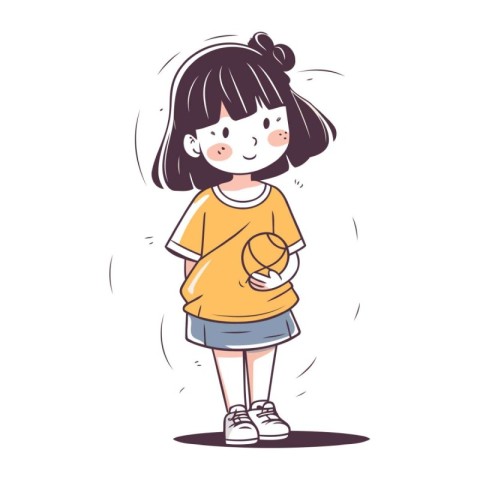 Cute little girl in yellow t shirt and shorts. Vector illustrati