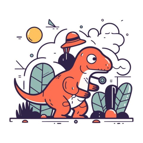 Cute dinosaur in the park. Vector illustration in line style.