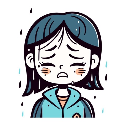 Illustration of a little girl crying in the rain. Vector illustr