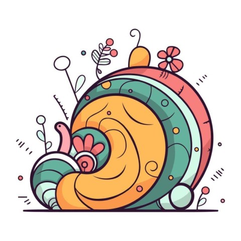 Hand drawn cute snail in doodle style. Vector illustration.