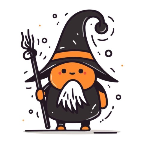 Cute cartoon gnome in a witch hat. Vector illustration.