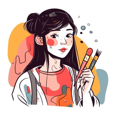 Vector illustration of a beautiful girl with paint brushes in he