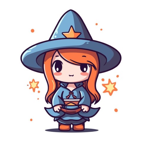 Cute little witch girl in costume. Vector illustration in cartoo