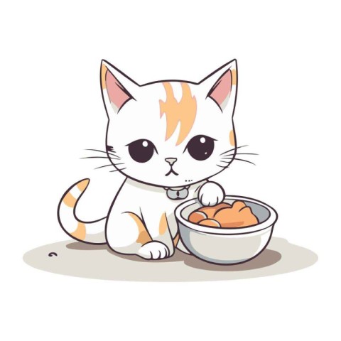 Cute cat with bowl of food. Vector illustration in cartoon style