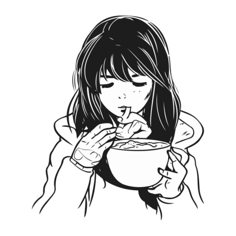 Illustration of a cute girl eating instant noodle in a bowl