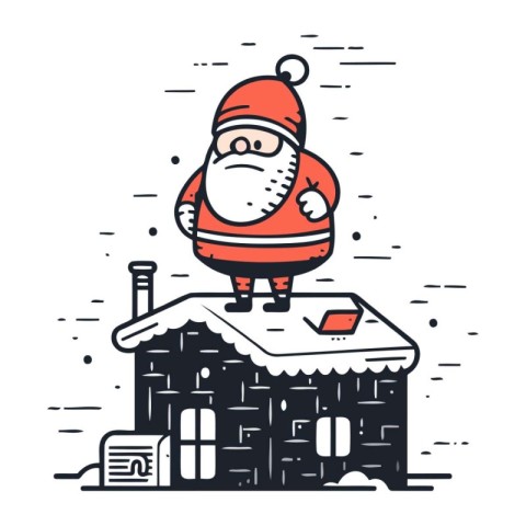 Santa Claus on the roof of the house. Vector illustration in lin