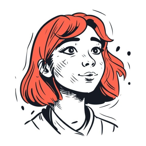 Vector illustration of a young girl with red hair. Hand drawn sk