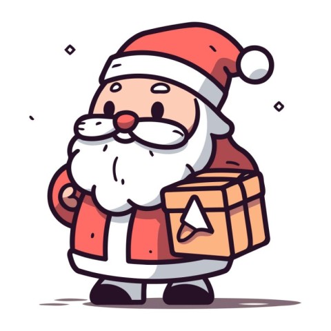 Cartoon Santa Claus carrying a box of gifts. Vector illustration