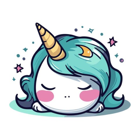 Cute cartoon unicorn with blue hair. Vector illustration isolate