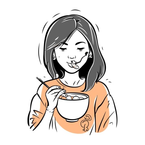 Illustration of a young woman eating a bowl of hot chocolate.