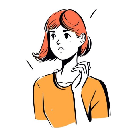 A girl in a yellow T shirt thinks about something. Vector illust