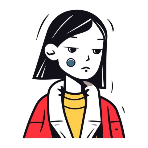 Sad woman in red jacket. Vector illustration in a flat style.