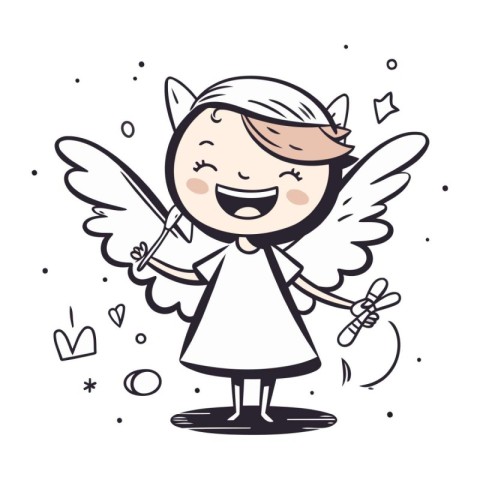 Cute little girl with angel wings. Vector illustration in cartoo