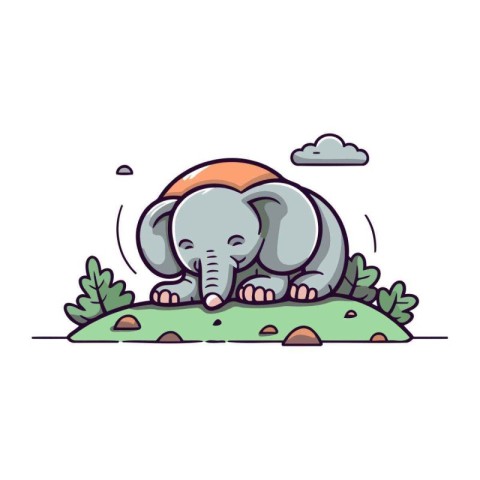 Cute elephant sitting on the grass. Vector illustration in carto