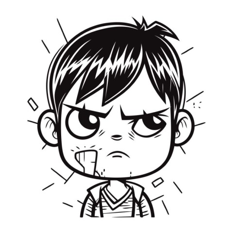 Angry boy. Black and white vector illustration for coloring book