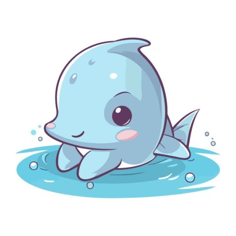 Cute cartoon dolphin in water. Vector illustration isolated on w