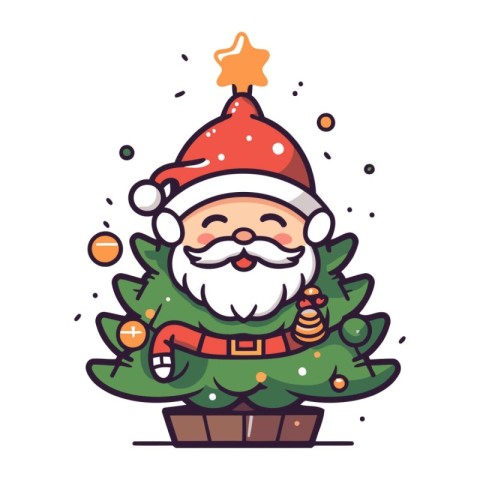 Cute cartoon Santa Claus with christmas tree. Vector illustratio