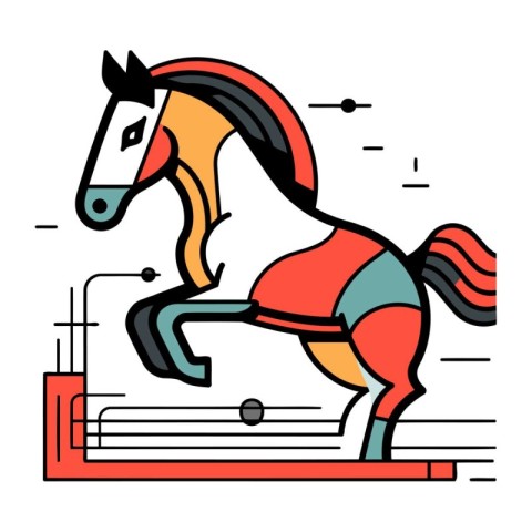 Horse jumping over obstacles. Vector illustration in thin line s