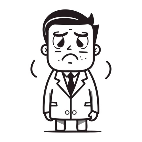 Sad doctor cartoon character vector illustration. Black and whit