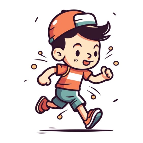 Running boy in cap and t shirt. Vector illustration of a cartoon