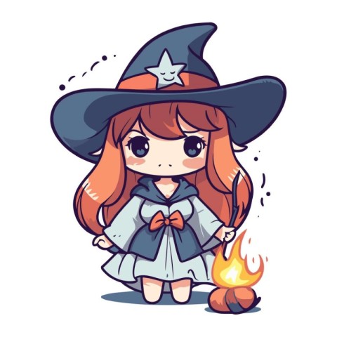 Cute little witch girl with a magic wand. Vector illustration.