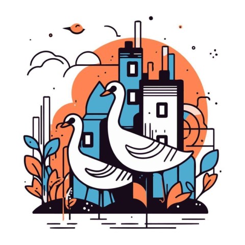 Vector illustration of modern city with swans. Line art style.