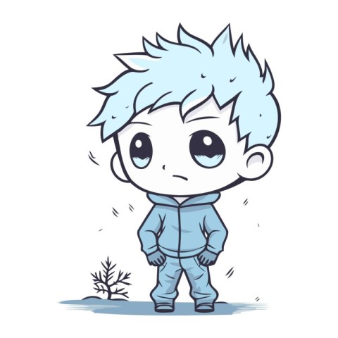 Cute cartoon boy with blue hair and sad face. Vector illustratio