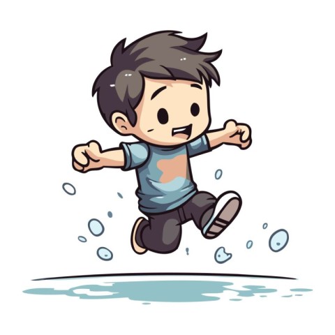 Cartoon boy running in the rain. Vector clip art illustration.