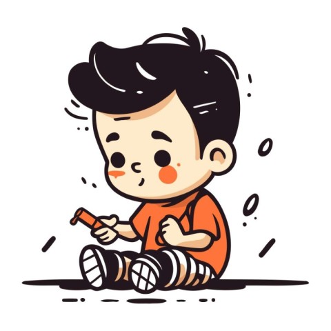 Cute little boy playing with a toy car. Vector illustration.