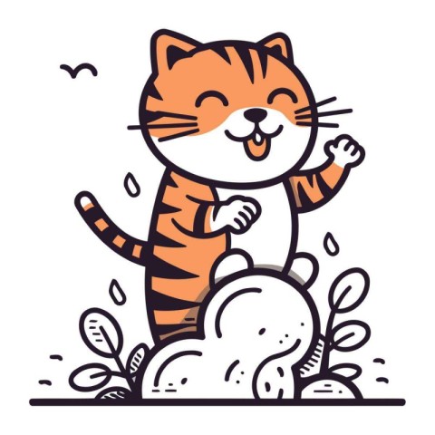 Cute cartoon cat standing in the garden. Vector illustration in