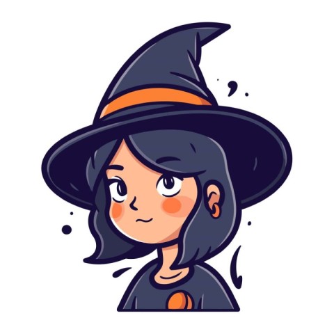 Cute little witch girl in a black hat. Vector illustration.