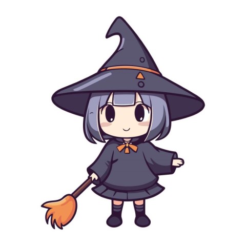 Halloween witch girl with broom cartoon vector illustration. Cut